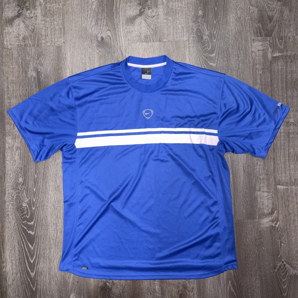 VTG Nike Y2K Center Swoosh Soccer Shirt Athletic Mens XL Royal Blue Dri Fit